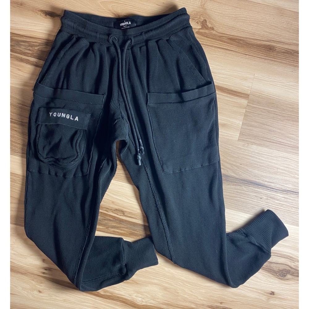 YoungLA 217 Waffle Knit Cargo Joggers Mens Small Black Athletic Sweatpants